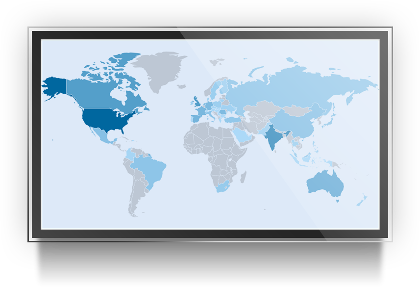 World map with countries in shades of blue representing visitor volume.